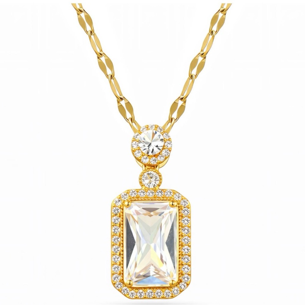 Rectangle 18K Gold Plated Crystal Pendant Stainless Steel Necklace